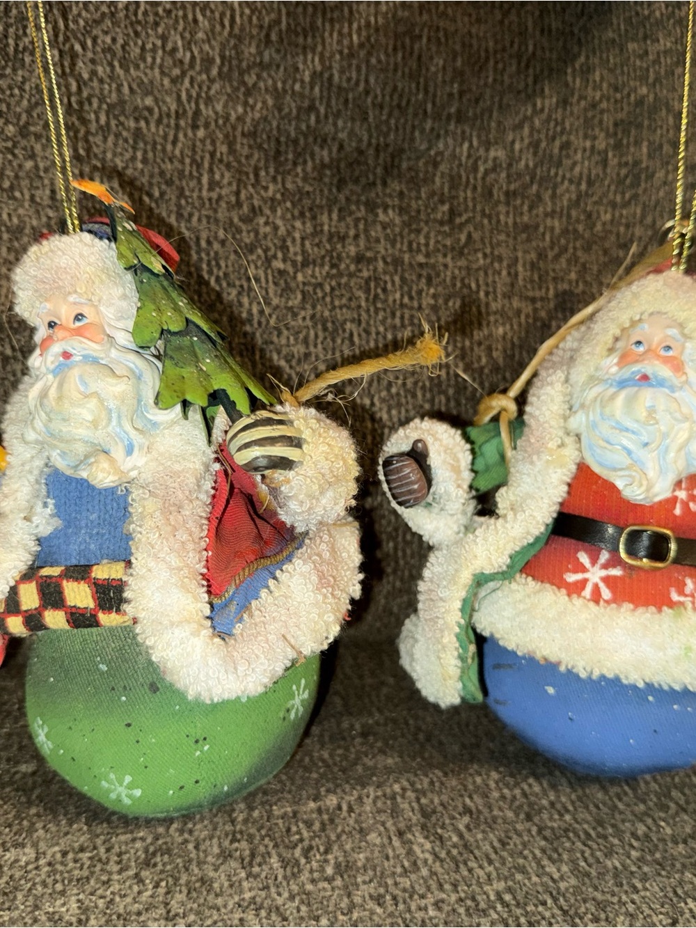 Handcrafted Fabric Santa Ornaments in Green & Blue - Set of 2